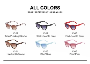 Overview of six color options for retro cat eye sunglasses with gradient UV400 lenses