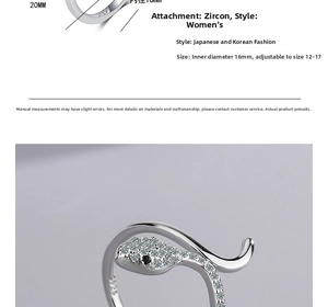 Detail of adjustable S925 silver snake ring with cubic zirconia inlay and sizing specs