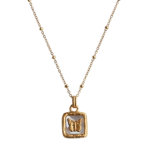 Exquisite gold butterfly pendant necklace with square shell inlay and metal bead chain