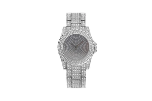 Close-up of luxury silver-tone watch fully iced out with sparkling crystals on a round dial