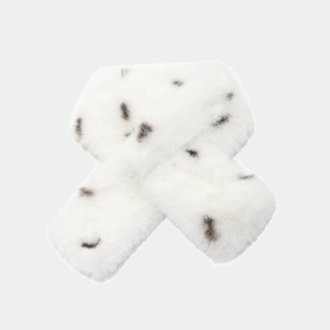 Close-up of fluffy faux fur scarf with spotted leopard print and cross-wear design