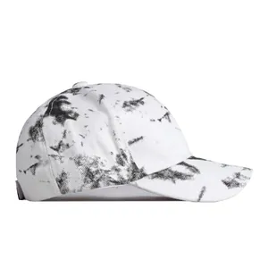 Retro tie-dye cotton baseball cap in black and white with adjustable strap for sun protection