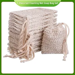 5-pack natural jute exfoliating soap bags with drawstring for bath and facial cleansing