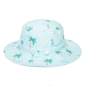 Detail of adjustable chin strap and tropical palm tree print on baby sun hat