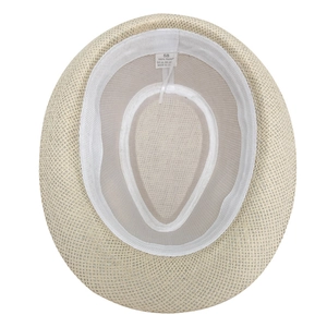 Close-up of the woven paper fiber interior and size label of the beige fedora hat