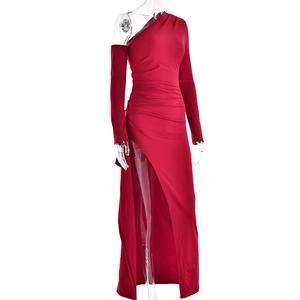 Detail view of red one-shoulder maxi dress with long sleeve and side high slit