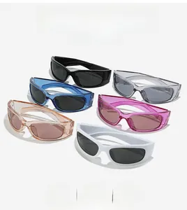 Macro view of six colorful Y2K wrap-around sports sunglasses with durable resin frames