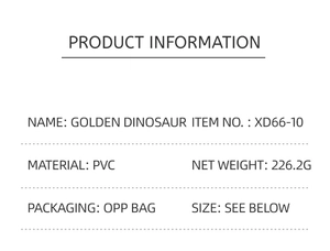 Detailed specifications for 8-piece golden dinosaur set including PVC material and net weight