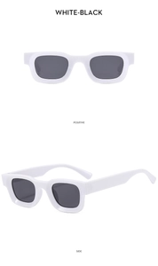 Detailed front and side views of chunky square sunglasses in white and black