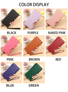 Detail view of 8 macaron colors of long lychee-grain leather zip wallets for women