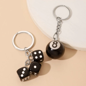 Creative black 8-ball and dice keychains on silver alloy rings for bags and accessories