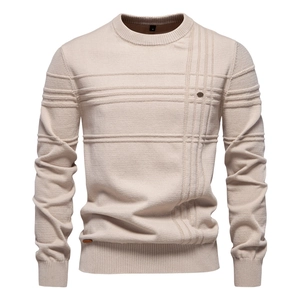 Classic crew neck knitted sweater for men in beige, high-quality knitwear with soft texture