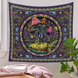 Cozy lifestyle setting showing a bohemian psychedelic mushroom sea turtle wall tapestry