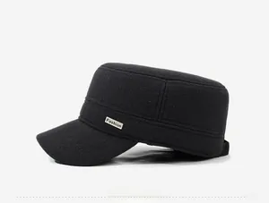 Detailed side view of black woolen military cap with a square metal fashion tag