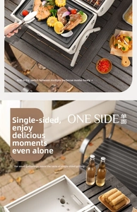 Detail of portable white barbecue grill with food on wooden table for outdoor camping use