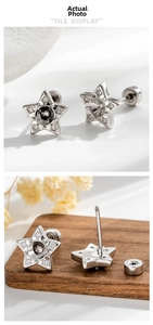 Macro detail of star-shaped stud earring mount with screw back and sparkling zircon inlay