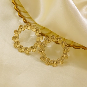 Minimalist 14K gold plated stainless steel flower hoop earrings with floral texture