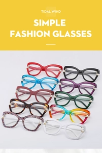 Detailed view of ten colorful cat-eye frames with elegant pearl and metal accents