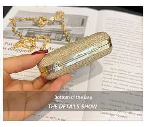 Detailed bottom view of a gold sequin evening clutch bag with metallic chain strap