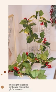 Detail of lit Christmas garland with red berries and LED lights wrapped on white birdcage