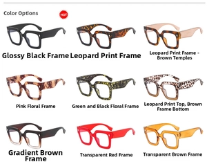 Detailed grid view showcasing square eyewear frames in nine diverse colors and patterns
