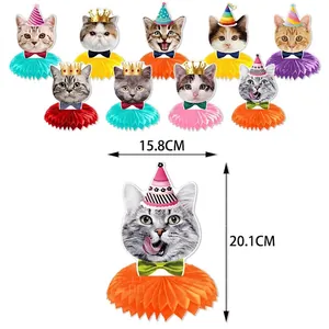 Cat theme birthday party centerpieces with honeycomb base for festive table decorations