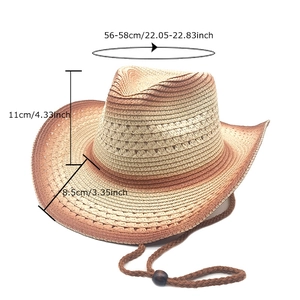 Western gradient straw cowboy hat with chin strap and detailed size dimensions