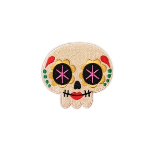 Colorful Day of the Dead sugar skull embroidery patch with detailed polyester stitching