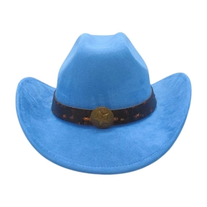 Chapeau de cowboy western bleu ciel en suédine avec bande brune et emblème d'étoile