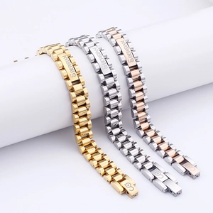 President-style stainless steel watch-link bracelets in gold, silver, and rose gold finish