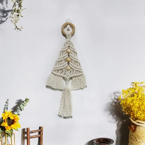 Handmade Macrame Christmas tree wall hanging with cotton rope, wood ring and beads decoration