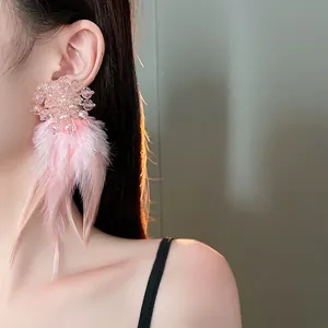 Elegant pink feather drop earrings with sparkling crystal clusters for women's fashion