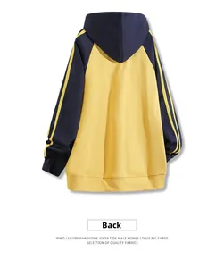 Back view of yellow and navy blue contrast hooded sweatshirt with striped sleeves