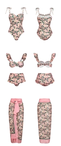 Detailed front and back views of floral swimsuit, bikini set, and beach cover-up skirt