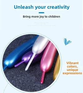 Close-up of assorted metallic chrome modeling balloons in gold, blue, and pink for DIY crafts