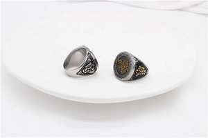 Viking Fenrir wolf head ring with rune engravings and Celtic knot relief details