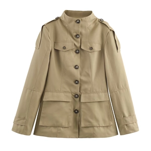 Damen Khaki Safari Jacke Stehkragen Schulterklappen Twill Stoff Lässig Langarm Utility Trenchcoat Mode Oberbekleidung