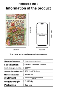 Detailed specs of 2.5D kitchen scenery stickers with PET material and size comparison