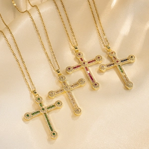 Hip Hop Cross Pendant Necklace For Women Stainless Steel Full Rhinestone Inlaid O-Chain Vintage Gold Jewelry Gift
