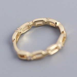 Golden S925 sterling silver geometric chain ring with sparkling pave crystals