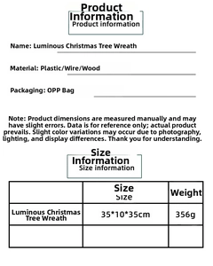 Detailed size and weight chart for the glowing Christmas tree wreath ornament