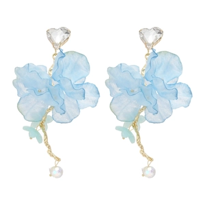 Blue chiffon flower tassel earrings with heart crystal and golden twist metal drop