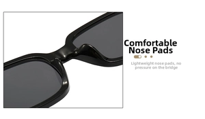 Detail of comfortable integrated nose pads on black rectangular hip-hop sunglasses