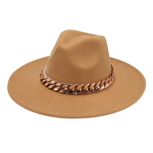 Classic camel wide brim Fedora hat featuring a chunky rose gold chain decoration