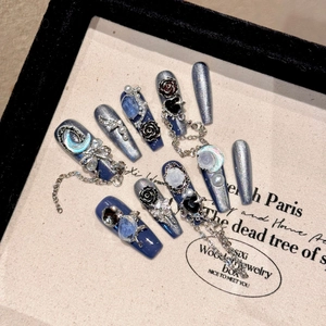 Luxury Handmade Press On Nails Gothic Dark Blue Silver Glitter 3D Relief Roses Artificial Pearls Metal Chains Coffin Fake Nails
