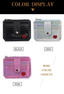 Vue détaillée des mini portefeuilles en PU laser avec broderie cœur en noir, gris et rose