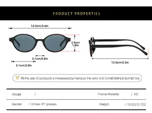 Detailed size chart for oval sunglasses with dimensions in centimeters and inches