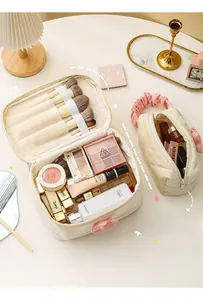 Detail view of corduroy cosmetic bag set featuring quilted texture and large capacity