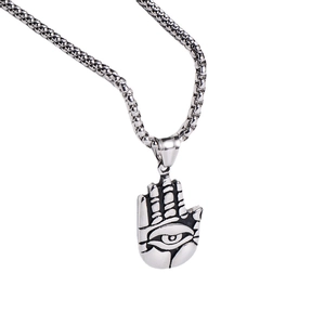 Vintage stainless steel Hamsa Hand pendant with eye detail on a silver box chain