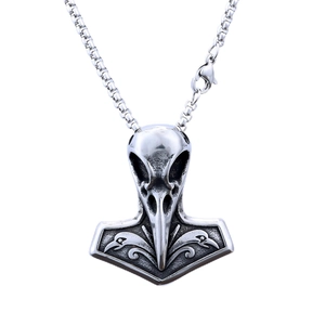 Vintage silver Viking Thor's hammer Mjolnir pendant necklace with raven skull for men